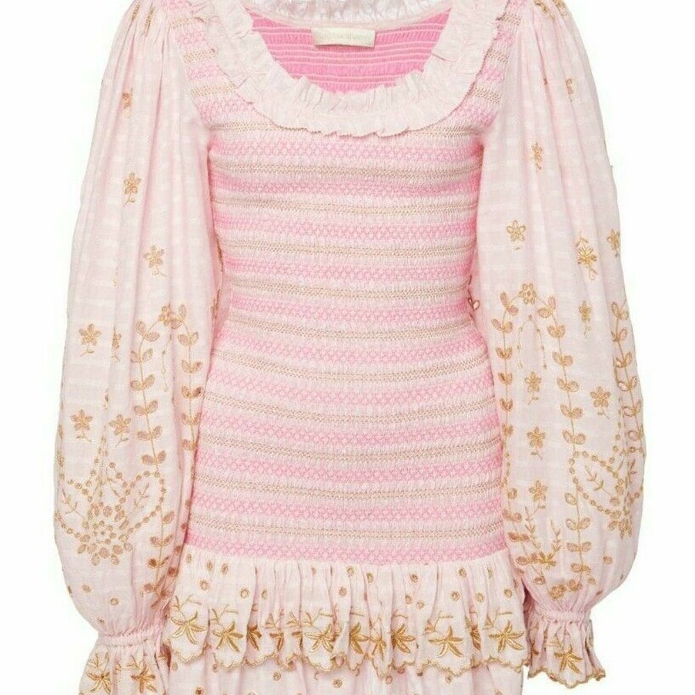LoveShackFancy Celia dress Pink smocked ruffle S